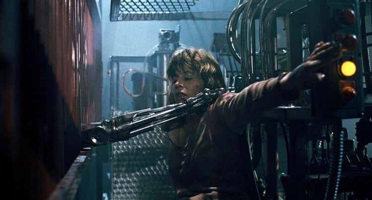Sarah Connor cornered in The Terminator - an example of character vs technology, a type of external conflict.
