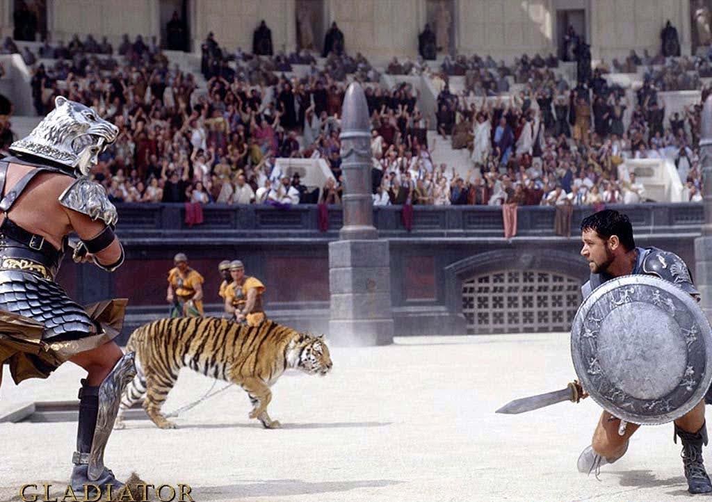 Maximus fights in the stadium - an example of character vs. character external conflict.