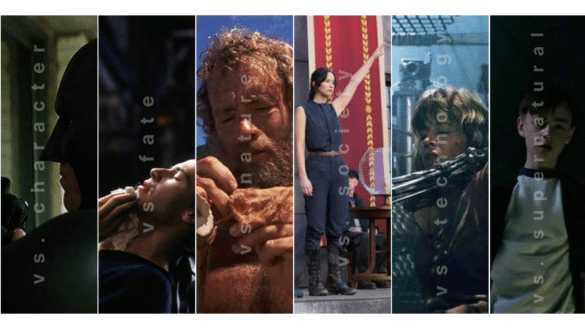 banner graphic with panels showing examples of different types of external conflict in films