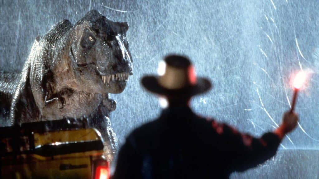 The T-Rex comes after Dr. Grant in Jurassic Park