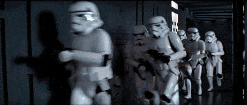 The classic flat character: A Star Wars Stormtrooper. This is a gif that shows a group of Stormtroopers being chased by Han Solo