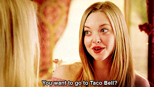 A gif of Karen from Mean Girls asking "You want to go to Taco Bell?"