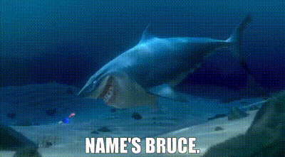A gif of Bruce from Finding Nemo introducing himself to Marlin and Dory