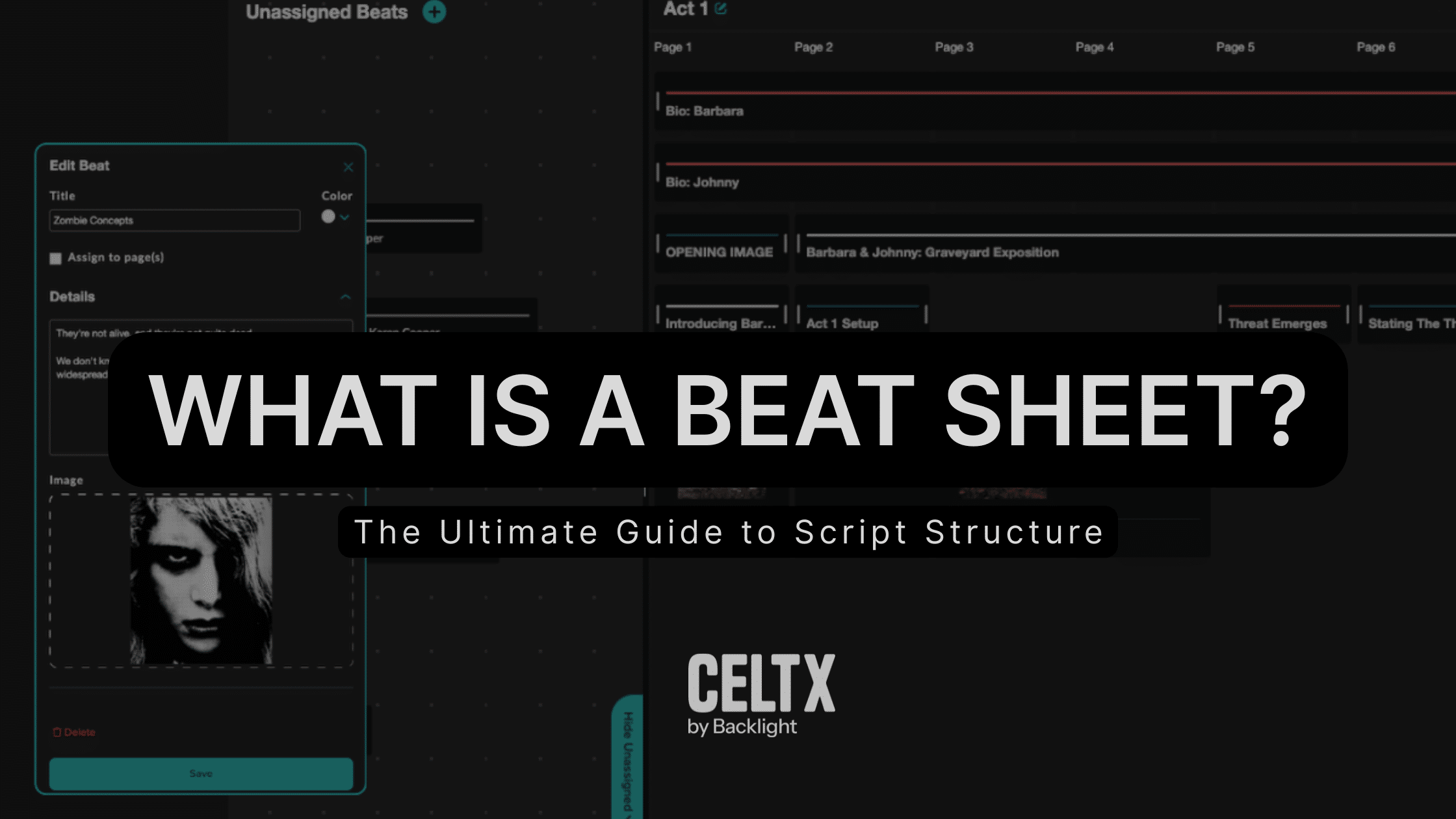 What is a beat sheet? The ultimate guide to script structure. Celtx logo at the bottom. Background image is the new Celtx Beat Sheet