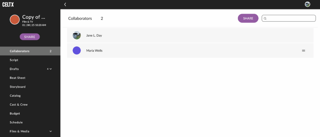 two collaborators can be seen in this user's Celtx dashboard.