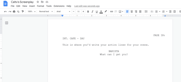 First page of a screenplay in google docs showing INT. CAFE - DAY