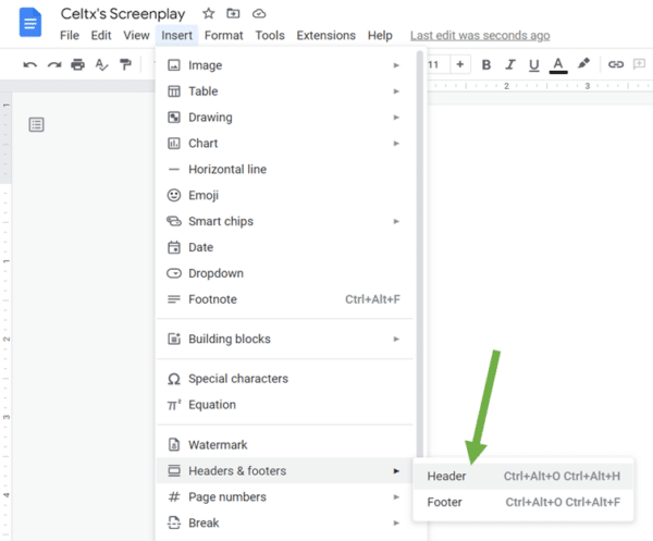 Celtx's screenplay in google docs example 5: headers and footers
