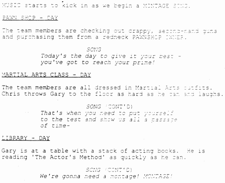 Montage script format from the "We Need a Montage" scene from Team America World Police
