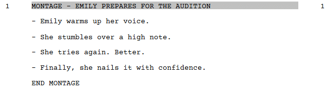 example of how to format a montage using celtx screenwriting software