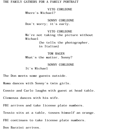 Example of third person omniscient POV: a script excerpt from The Godfather