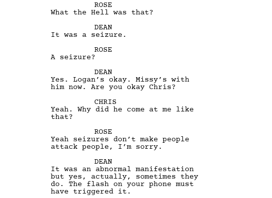 A page of dialogue from the script for the film Get Out showing short, snappy exchanges.