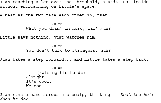 a short excerpt of the script for the 2016 film Moonlight showing simple dialogue formatting