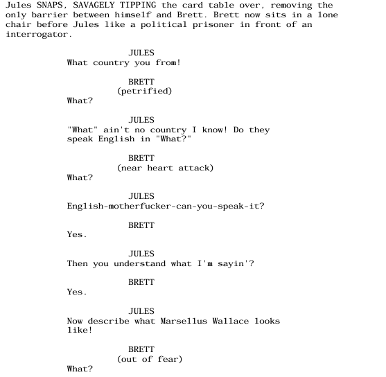 A page from the script for Pulp Fiction showing how Quentin Tarantino handles dialogue formatting.
