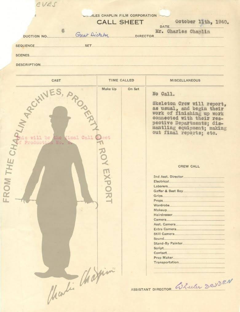 call sheet example from Charlie Chaplin's The Great Dictator - part of film history