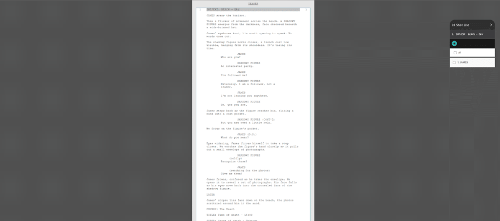 updated shot list on the right hand side in the celtx script
