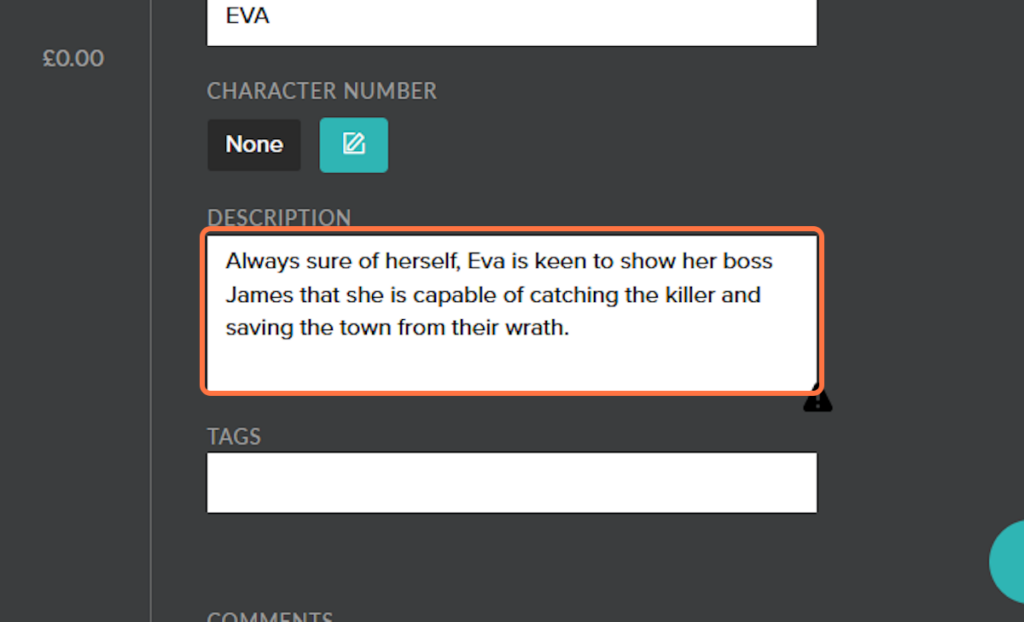 character description in celtx script writing software