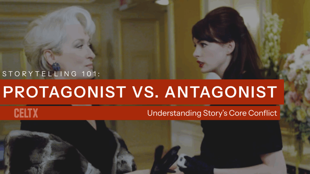 a graphic with words that read: storytelling 101: protagonist vs antagonist - Understanding story's core conflict