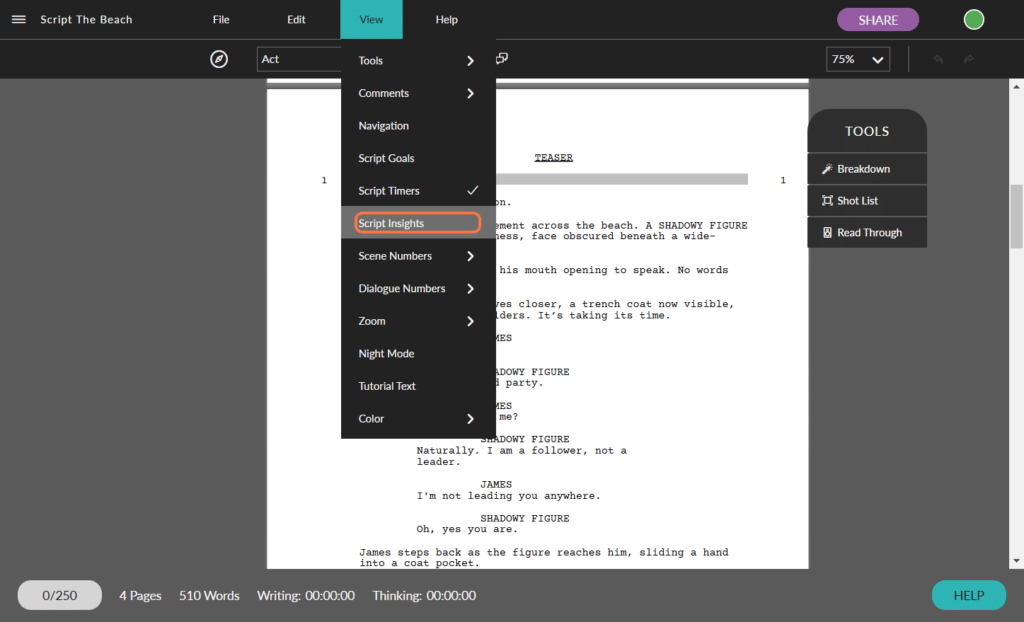 A screenshot from the Celtx script writing software showing the "view" dropdown from the top bar and "Script Insights" highlighted. Download Celtx for free today to try script insights for yourself.
