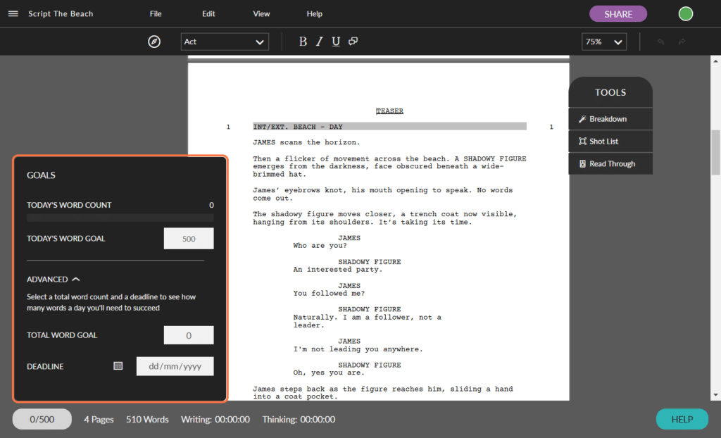 A more in depth look at just how customized you can get with your writing goals using the Celtx screenwriting software. You can also set custom deadlines to keep yourself and/or your team on track.