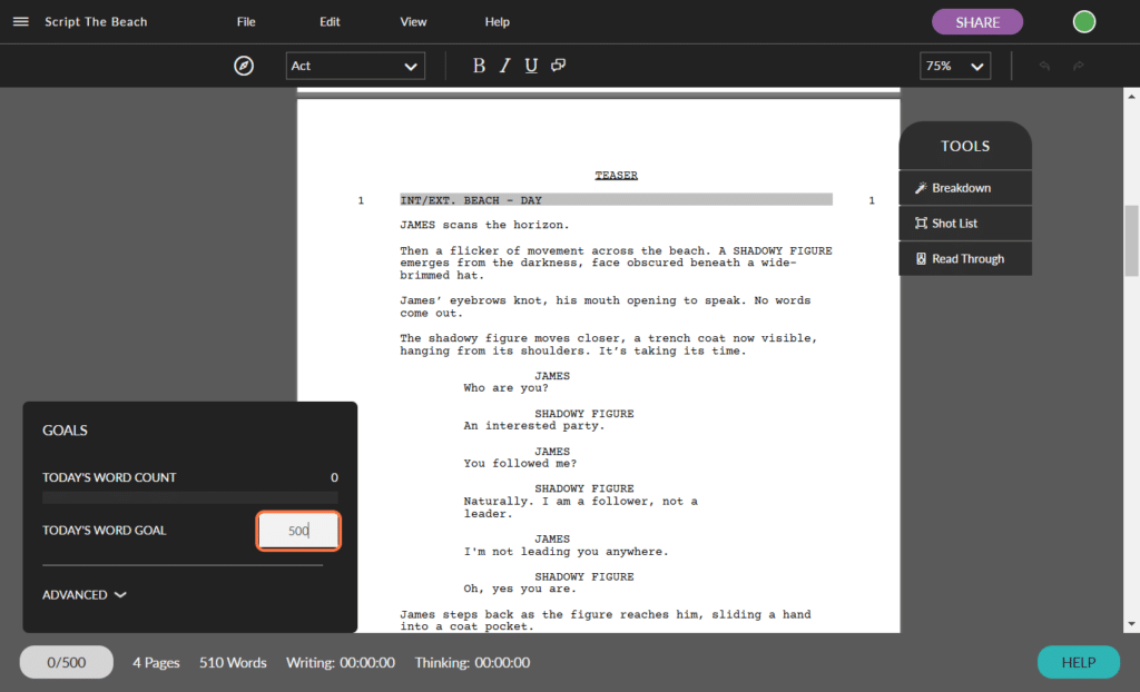 A screenshot from the Celtx scriptwriting software showing how to adjust your custom screenwriting goals. Easily change your word count goals in Celtx.