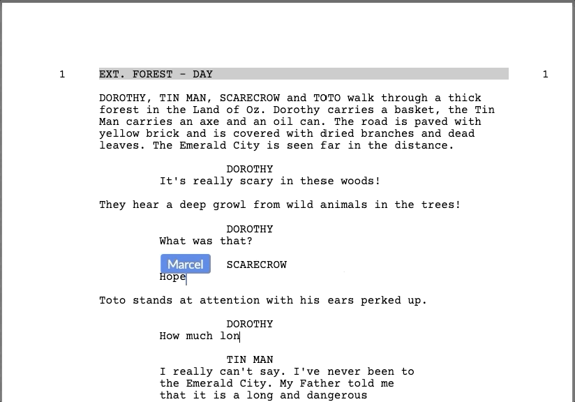 an animated gif showing how the Live Tracking tool in Celtx Scriptwriting software works. You see the name "Marcel" hovering over a portion of the script as another part of the script is being worked on. Keep track of your edits and versions with Celtx screenwriting software.