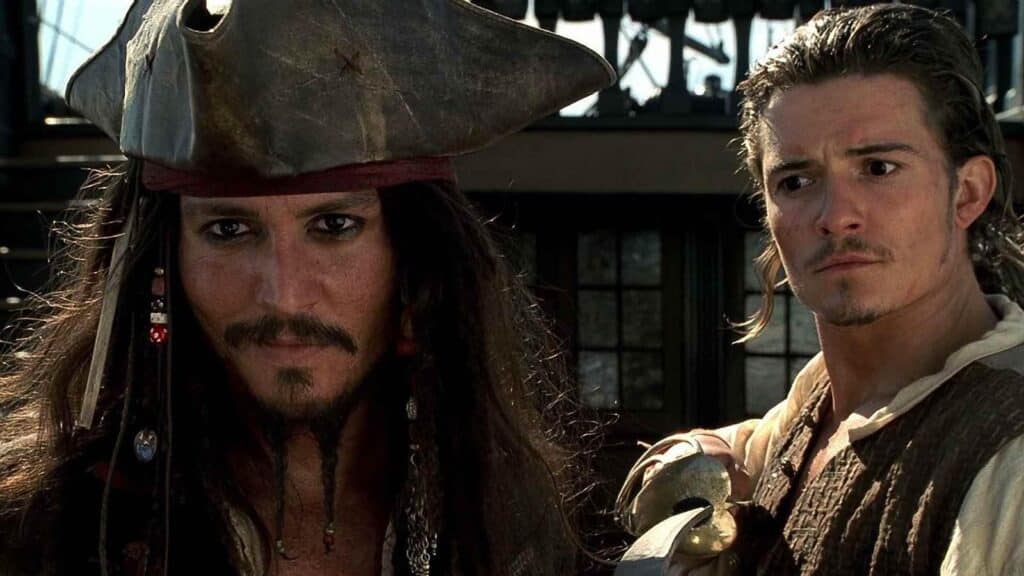 A still from the 2003 movie Pirates of the Caribbean. In this shot, you see Captain Jack Sparrow and Will Turner. Jack looks intrigued. Will looks confused. Keep your script on track with Celtx screenwriting software (sometimes misspelled as Celtix or Celtex)