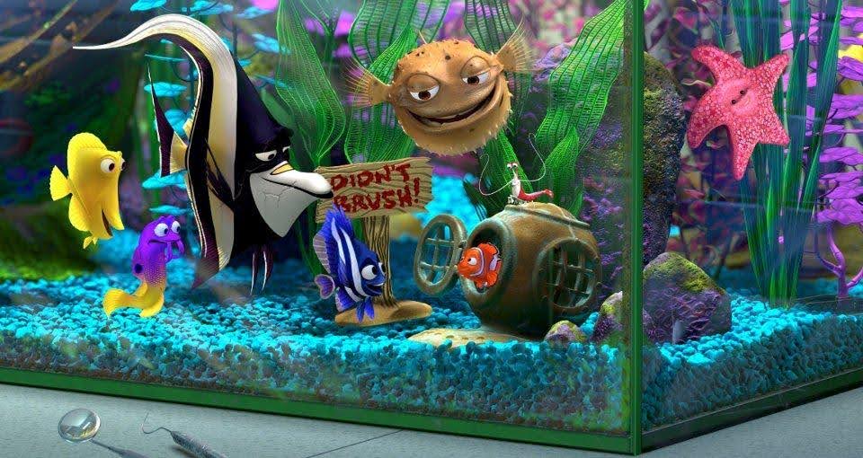 A still from the 2003 animated film Finding Nemo showing Nemo and the other fish in the dentist's tank.
