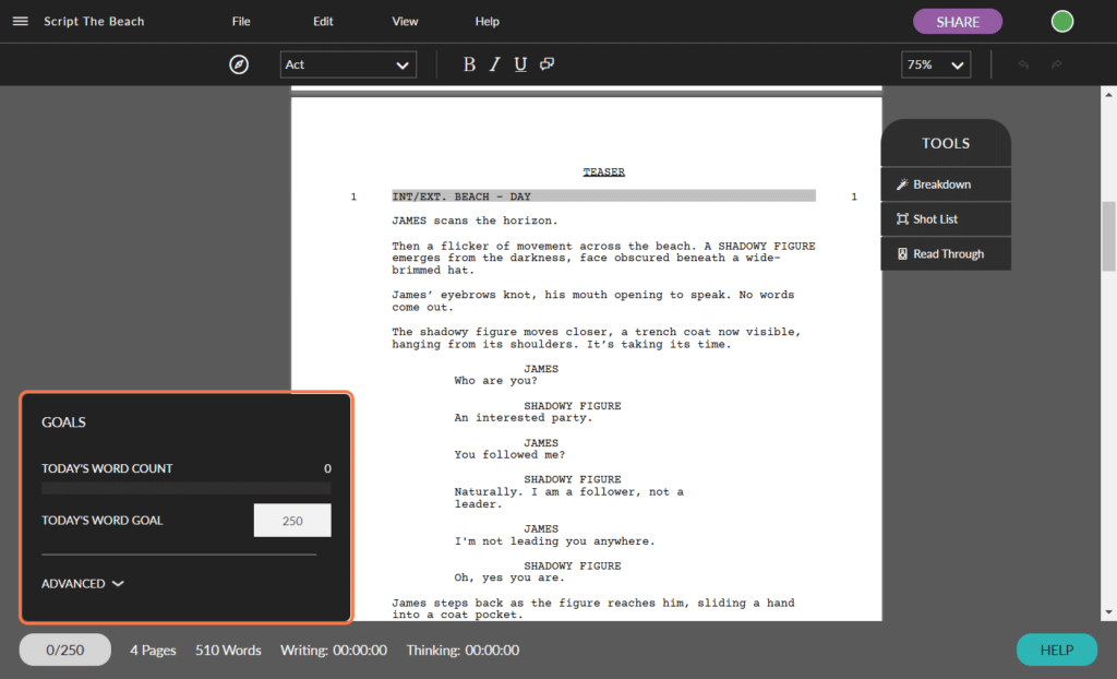 A screenshot of the Celtix screenwriting software showing the small pop-up in the bottom left corner where you can set your custom screenwriting goals.