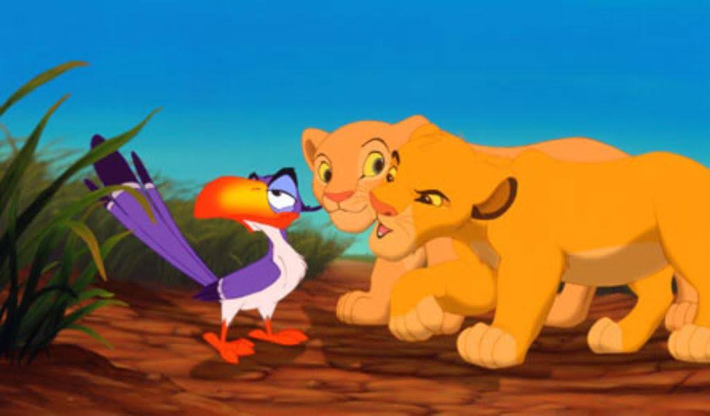 A still from the award-winning animated film: The Lion King, showing Simba, Nala, and Zazu