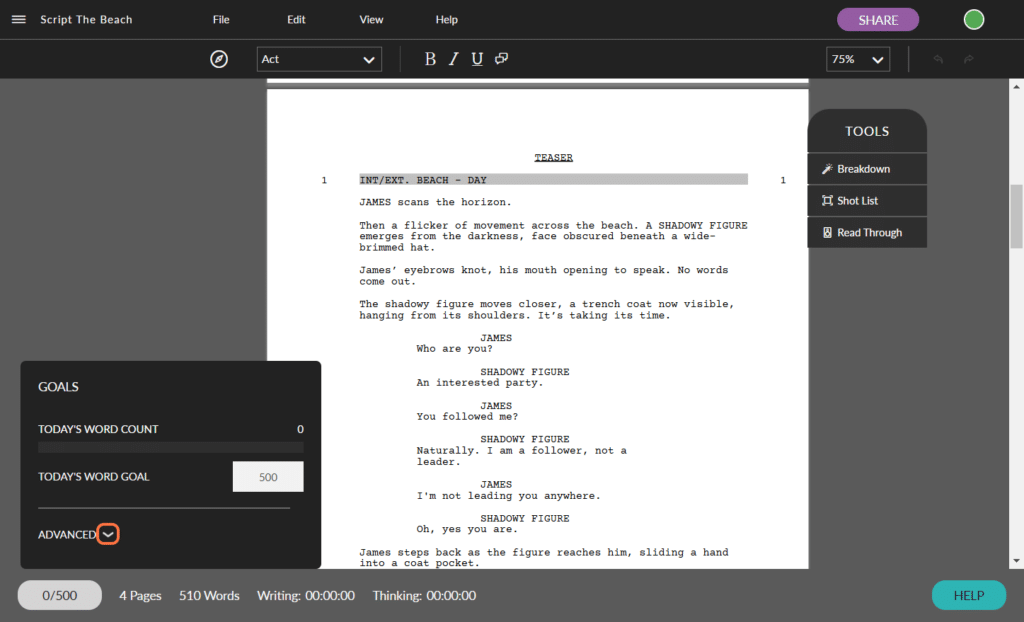 A screenshot form the Celtx Screenwriting dashboard showing where to click if you want to adjust your custom goals, like word count, page count, etc.