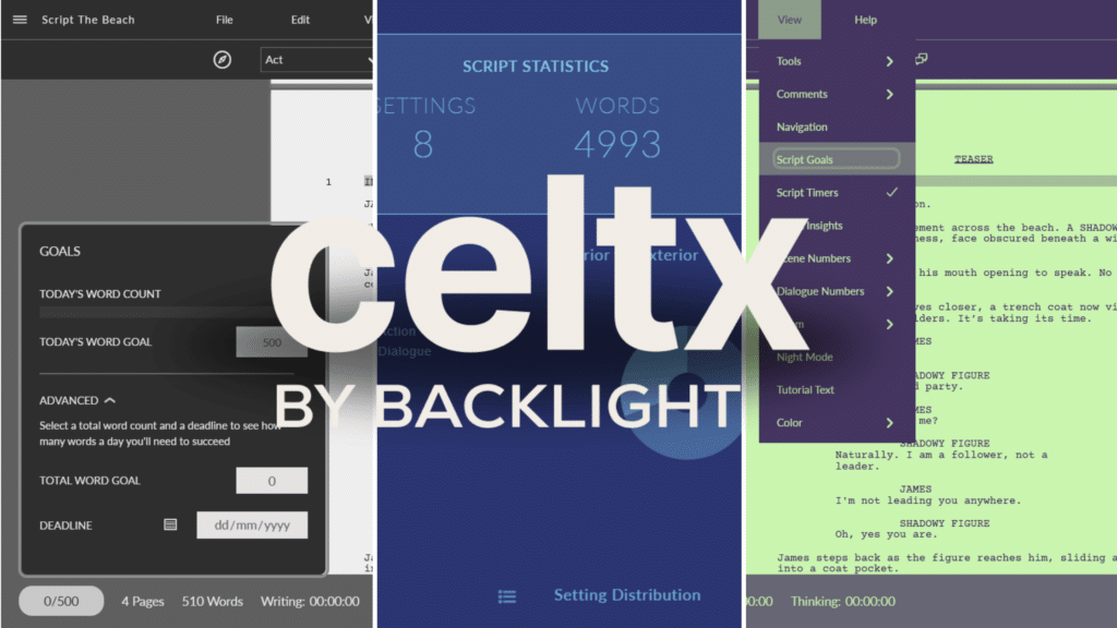 A 3-panel banner image showing three different tools in the Celtx screenwriting sofrware - custom goals, script statistics, and script goals. Read the blog for more information and even more tools you may be missing out on using that could help streamline your writing and pre-production workflows.