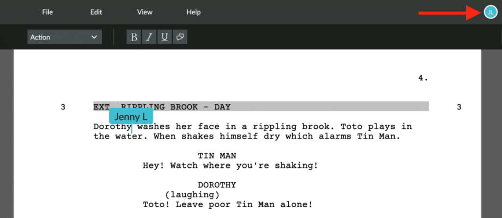 A screenshot of the Celtx Screenwriting Software showing how to easily see where your colleagures are editing your screenplay with version and edit tracking.