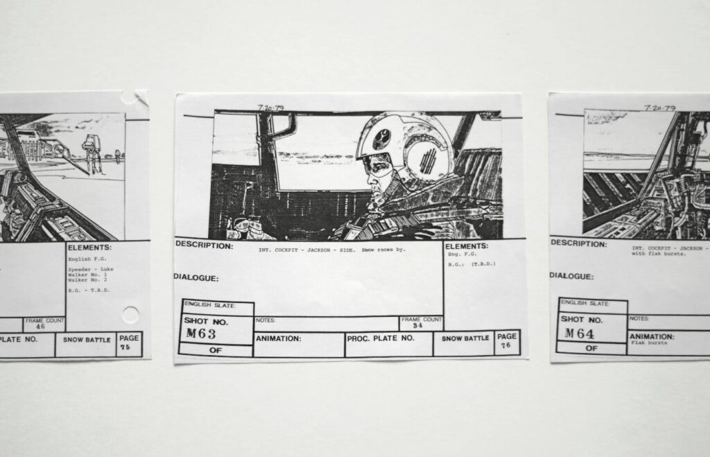this photo shows printed or hand drawn storyboards for a film. The scenes depicted is of a man driving a vehicle.
Celtx has free storyboard templates!