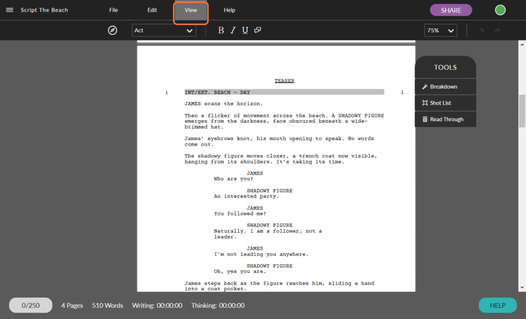 A screenshot of the Celtx screenwriting software showing a highlighted "view" button on the top bar. Below, the intro to the teaser of the thriller script - written using celtx - "The Beach"