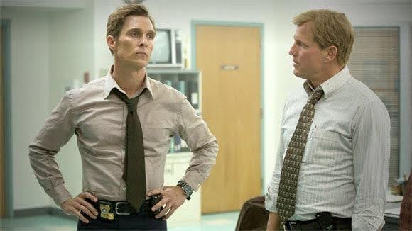 A still from season 1 of the HBO series True Detective, showing the stars, Matthew McConaughey and Woody Harrelson.