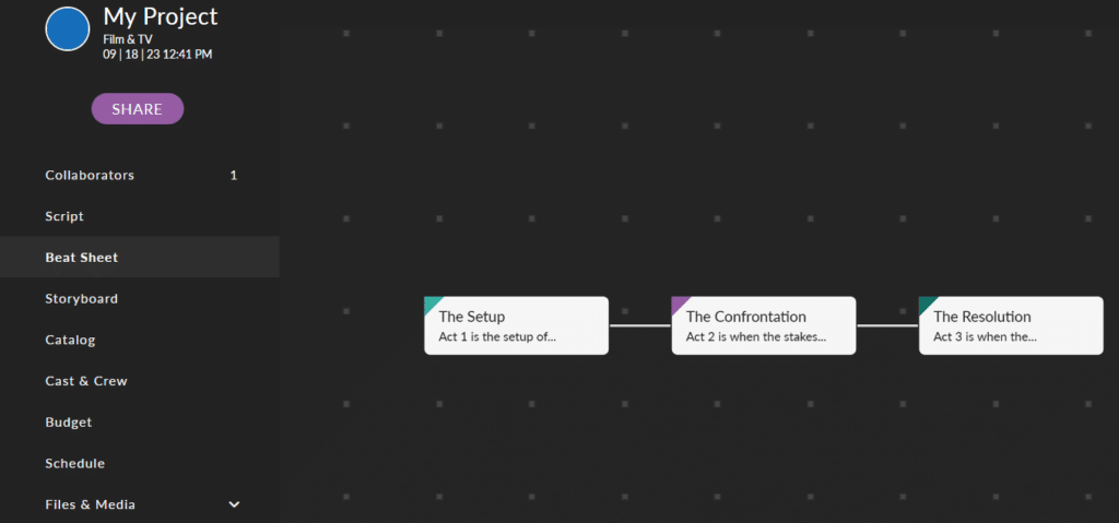 A screenshot of the Celtx screenwriting software dashboard showing how to find Beat Sheets. Beat Sheets are for visualizing your narrative structure and keeping your story moving. Try Celtx for free today.
