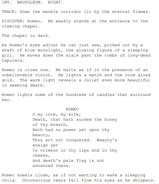 Excerpt from the Romeo + Juliet screenplay, showing an example of dramatic irony.