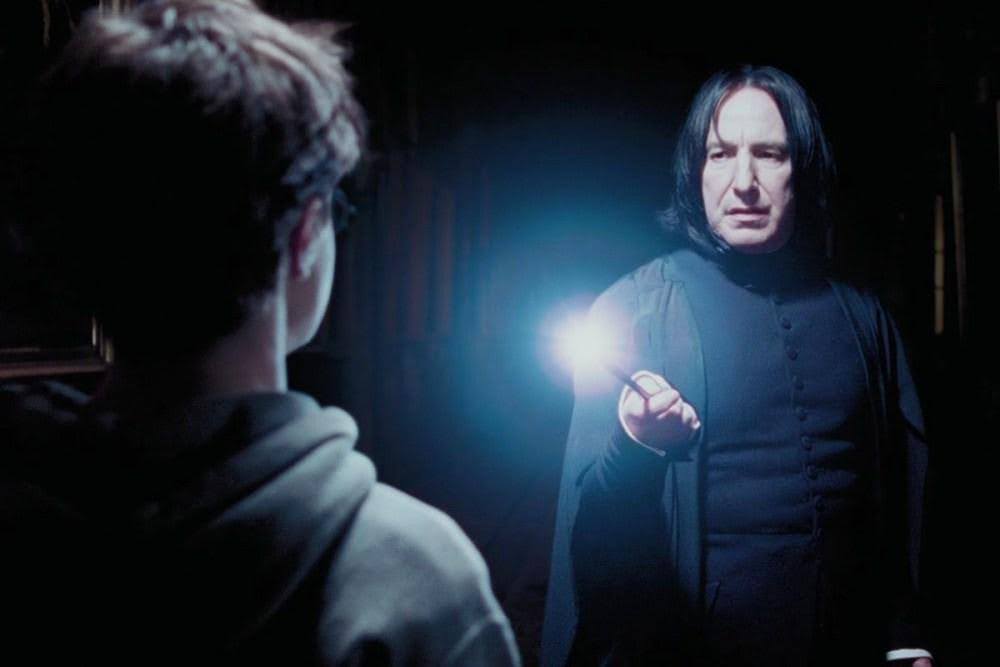 An example of dramatic irony and situational irony from Harry Potter and the Prisoner of Azkaban. Professor Snape points the tip of his wand at Harry Potter.