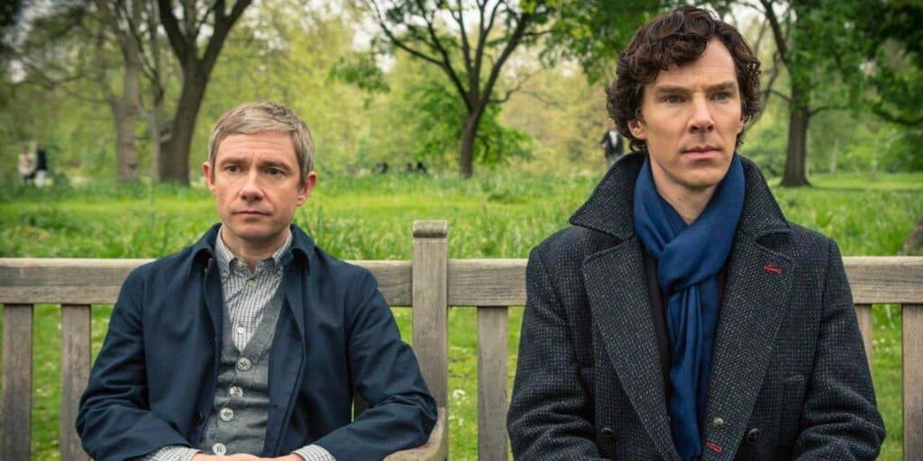 An example of ethos in film and television: Sherlock Holmes on the BBC. This still shows Sherlock and Watson sitting on a park bench.