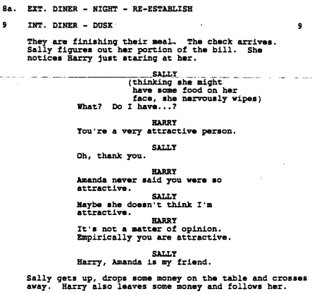 An excerpt of the script for When Harry Met Sally, being used as an example of chemistry in film and storytelling.