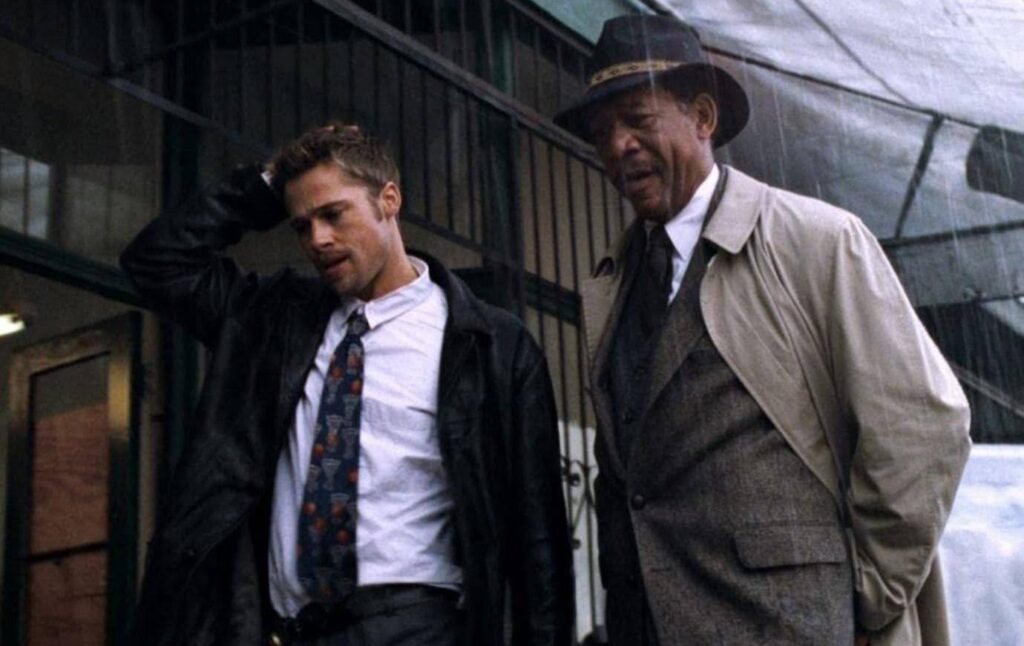 A still from the film Se7en, which relies heavily on logos.