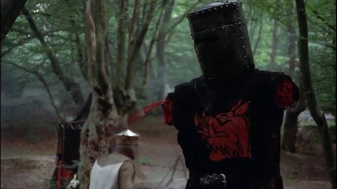 A still of the Black Knight from Monty Python and the Holy Grail, an example of dramatic irony in film
