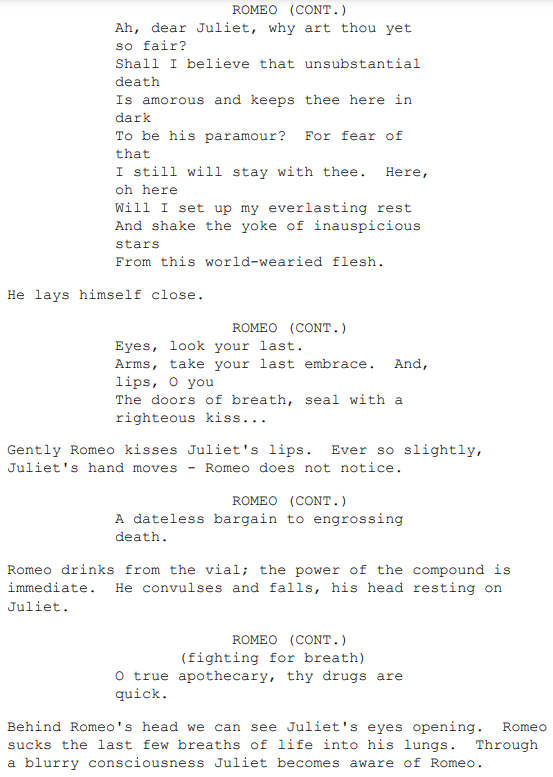 Excerpt from Romeo + Juliet's screenplay, showing an example of how to use dramatic irony in a script.