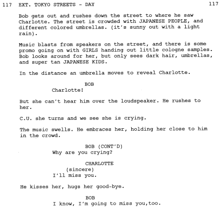 An excerpt from the script for Lost in Translation using the final exchange between the two main characters Bob and Charlotte. This is an example of subtext in film.
