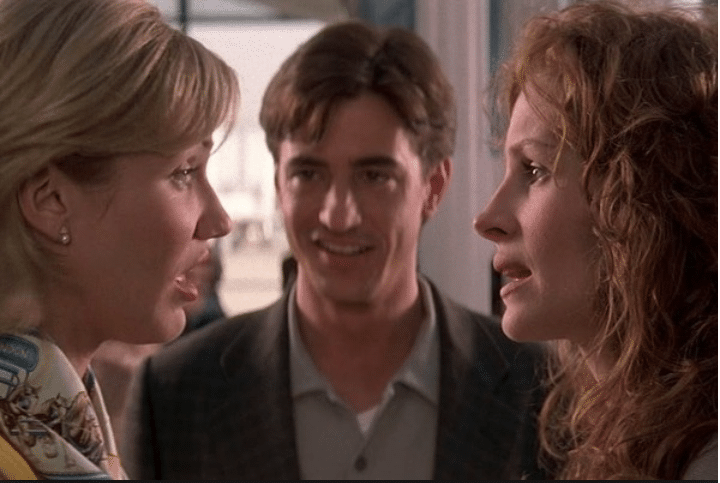 A still from the movie "My Best Friend's Wedding" showing Cameron Diaz, Dermott Mulroney, and Julia Roberts having a heated conversation. Looking to write romance? Celtx can help you write a script in any genre with our screenwriting series.