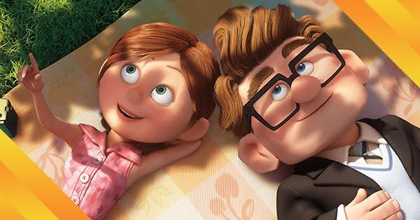 A still from the opening montage of Up - Ellie and Carl lay on a blanket and look at clouds.