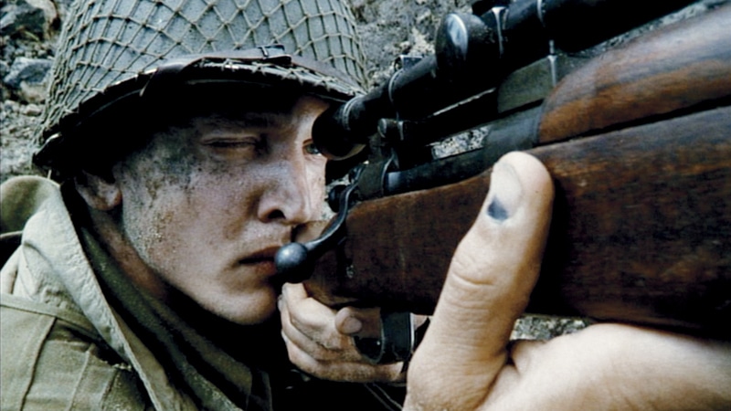 A still from the movie Saving Private Ryan showing the scene where you can see an example of a Point of View camera shot, or POV.