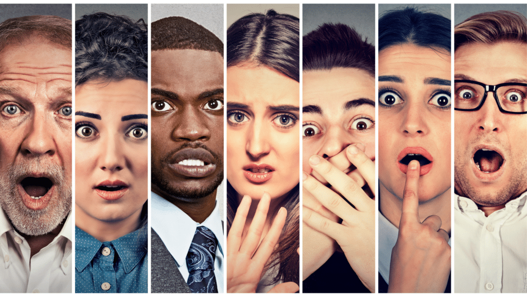 panels of different faces with different emotions to portray examples of dramatic irony.