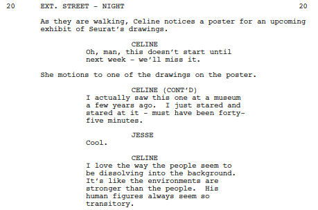 An excerpt of the script of Before Sunrise, being used to show an example of natural dialogue in a screenplay.