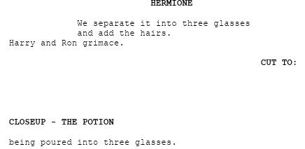 Example of the CUT TO: scene transition in the Harry Potter screenplay